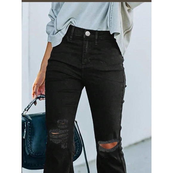 trendy Ripped distressed Raw Hem Flared Jeans black denim - Picture 5 of 5